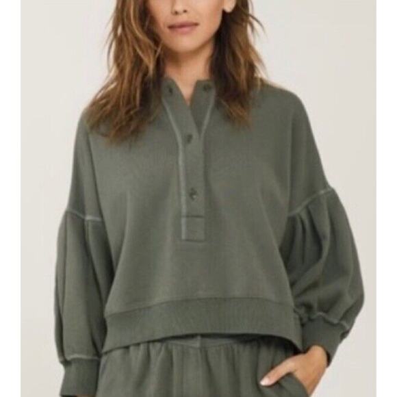 Something Navy Greta Henley Sweater Green Pullover Puff Sleeve Size Small - Picture 2 of 8